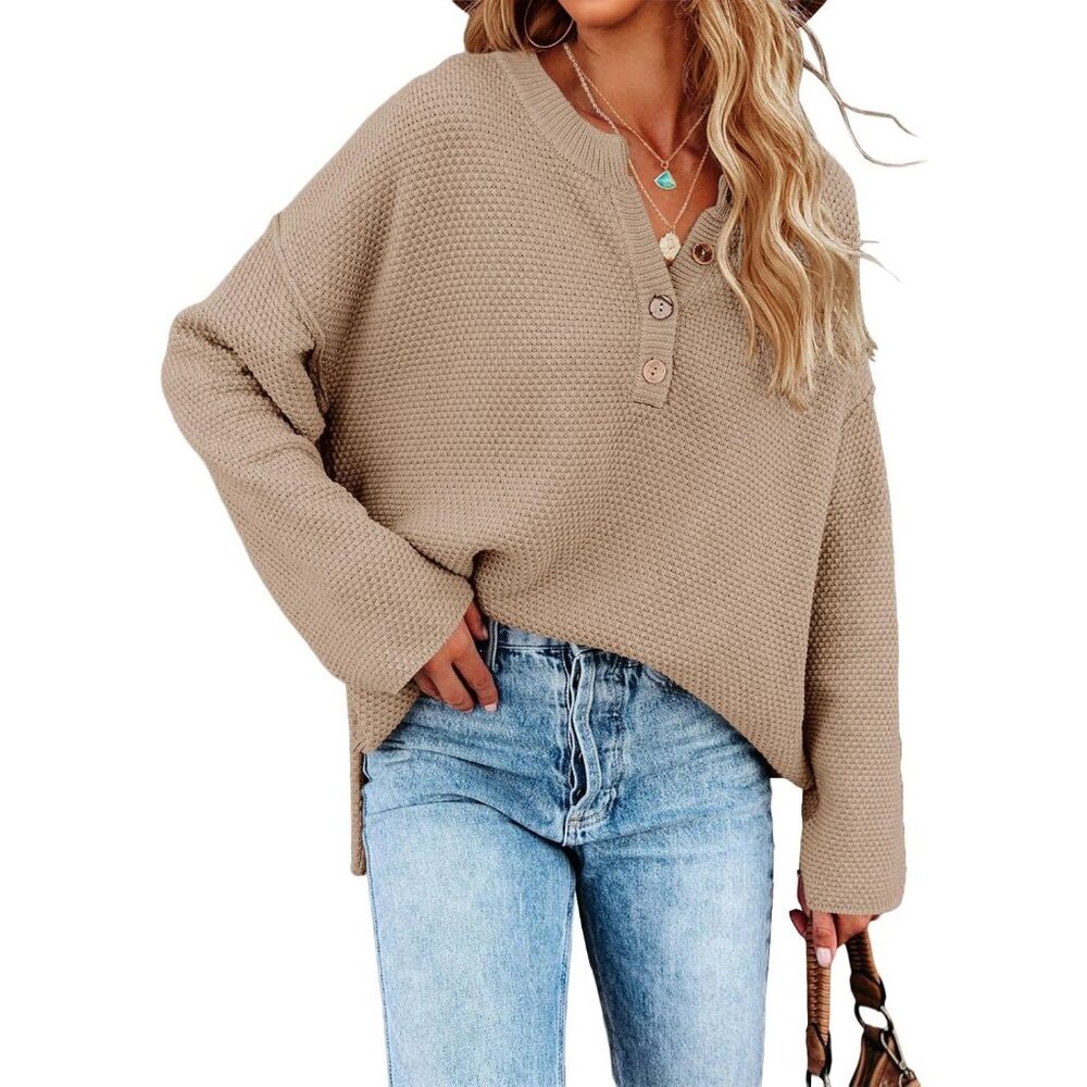 Women's Acrylic Cotton Oversized Batwing Sweater V Neck Button Warm Knit Top